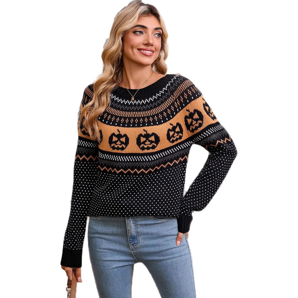 Damen Strickpullover Halloween-Motiv Feinstrick Eveloria