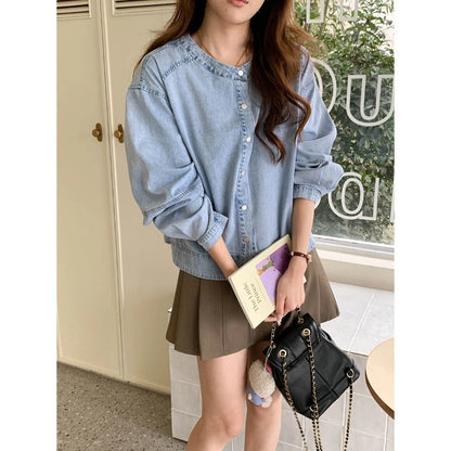 Damen Denim-Bluse mit Puffärmeln Blau Eveloria
