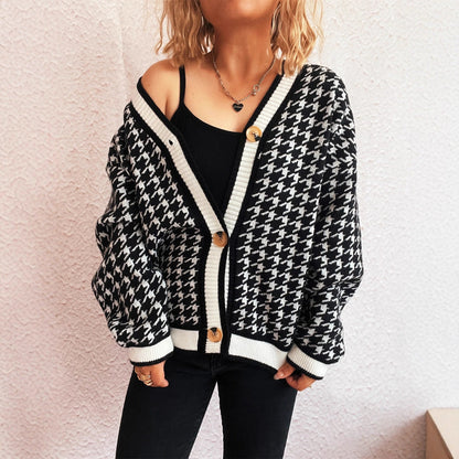 Damen Strickjacke Klassisches Hahnentritt Muster Große Knöpfe
