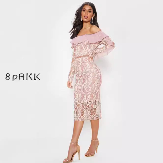 Damen Spitzenkleid Off-Shoulder Rüschen Voluminös Eveloria