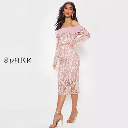 Damen Spitzenkleid Off-Shoulder Rüschen Voluminös Eveloria