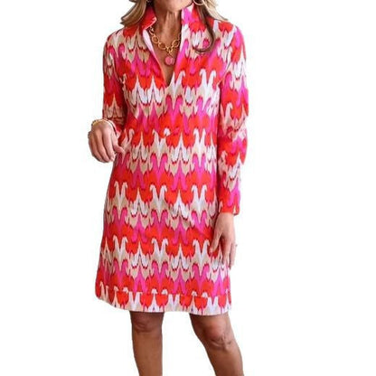 Damen Hemdblusenkleid Modernes Muster Elegante Taillierung Blau
