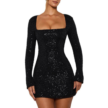 Damen Minikleid Glitzernd Langarm U-Bootausschnitt Eveloria