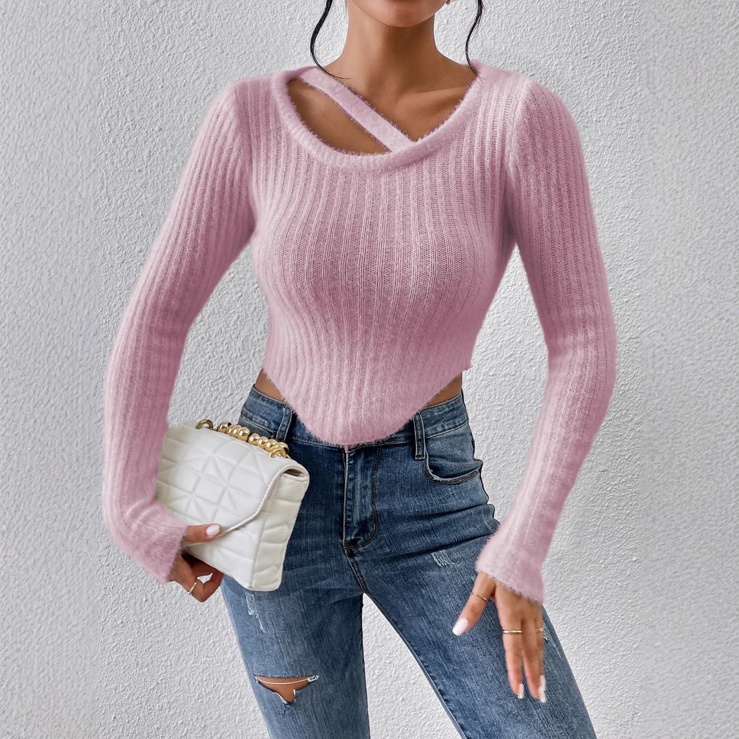 Damen Off-the-Shoulder Stricktop Elastischer Saum Beige