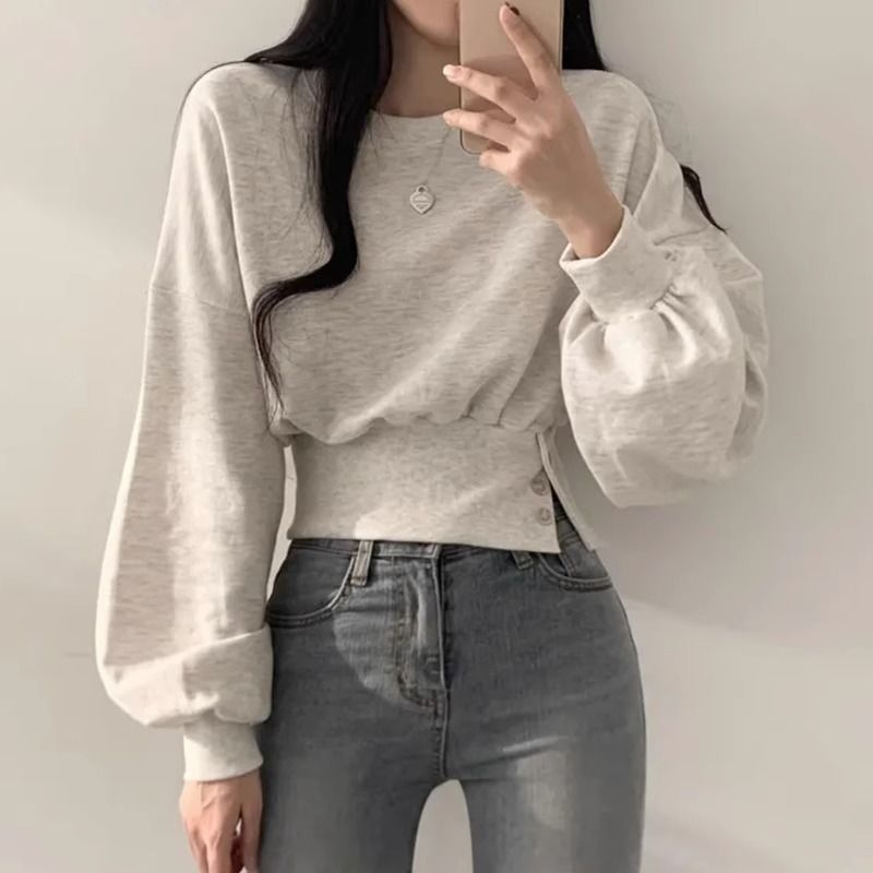 Damen Cropped Sweatpullover Puffärmel Eveloria