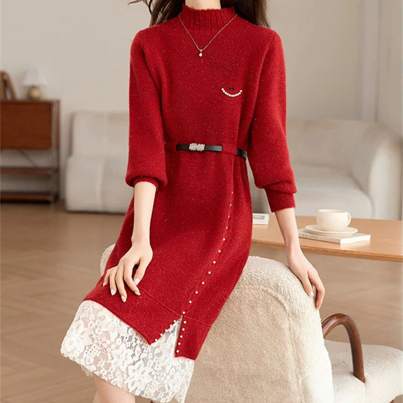 Damen Strickkleid Spitze Taillengürtel Elegant