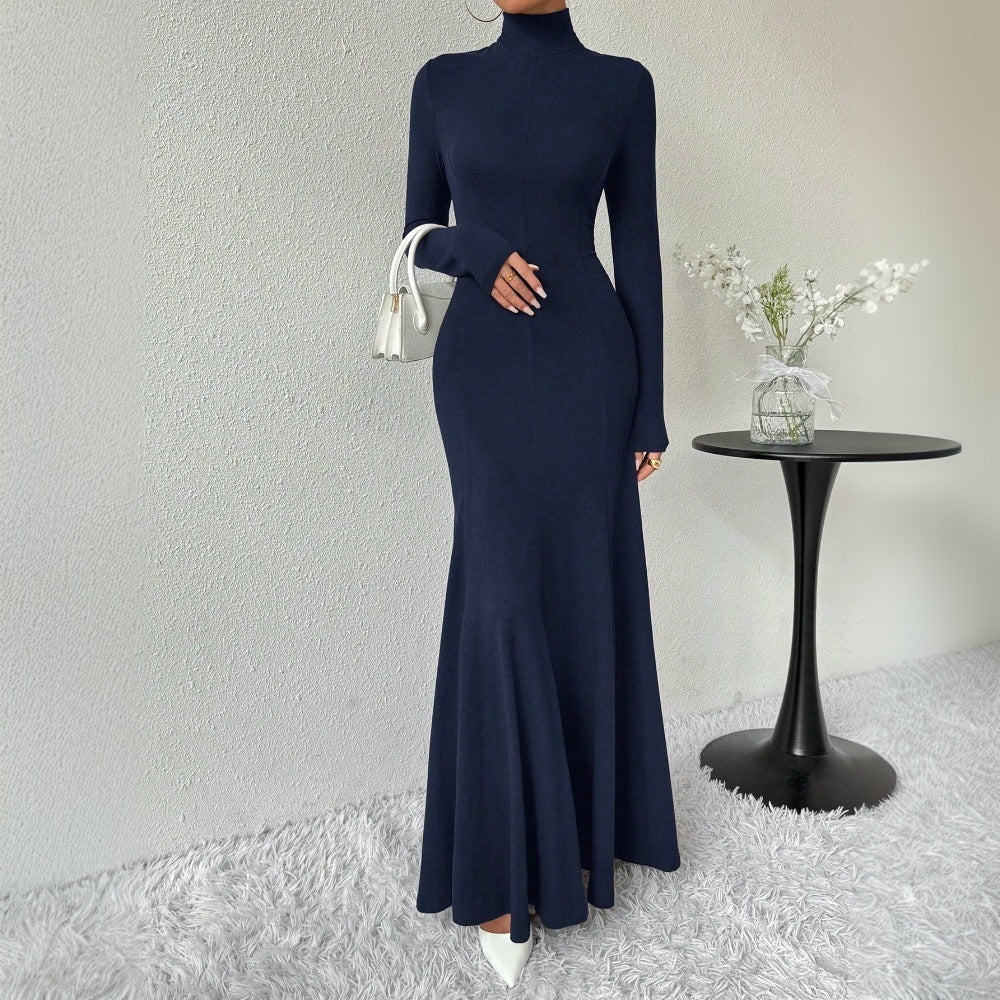 Damen Maxi-Kleid Langarm Hohler Kragen Schwingender Saum Eveloria