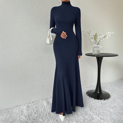 Damen Maxi-Kleid Langarm Hohler Kragen Schwingender Saum Eveloria
