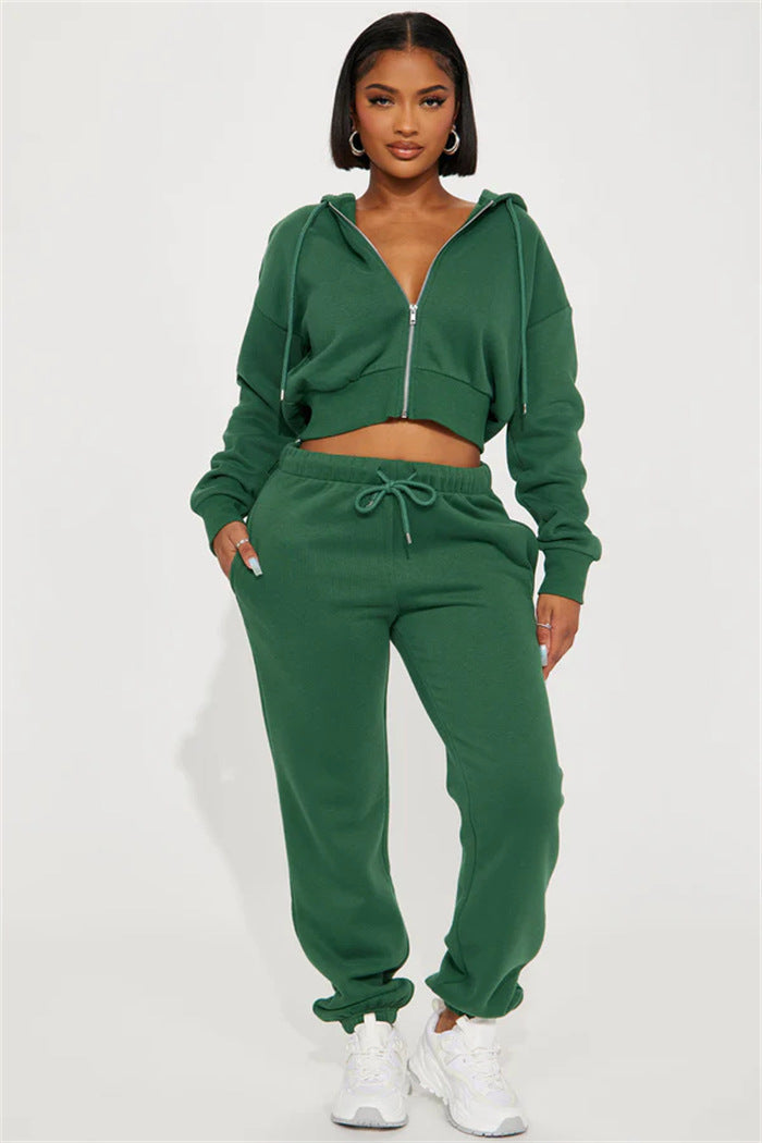 Damen Sweatset Cropped Hoodie Weite Hose Grau