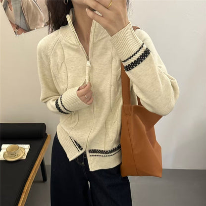 Damen Strickjacke Zopfmuster mit Reißverschluss