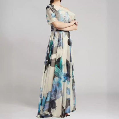Damen Chiffon-Kleid Schulterfrei Floralmuster Eveloria