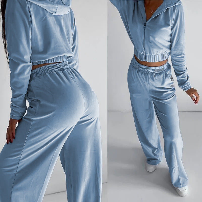 Damen Velours Loungewear Set Cropped Jacke Bequeme Hose