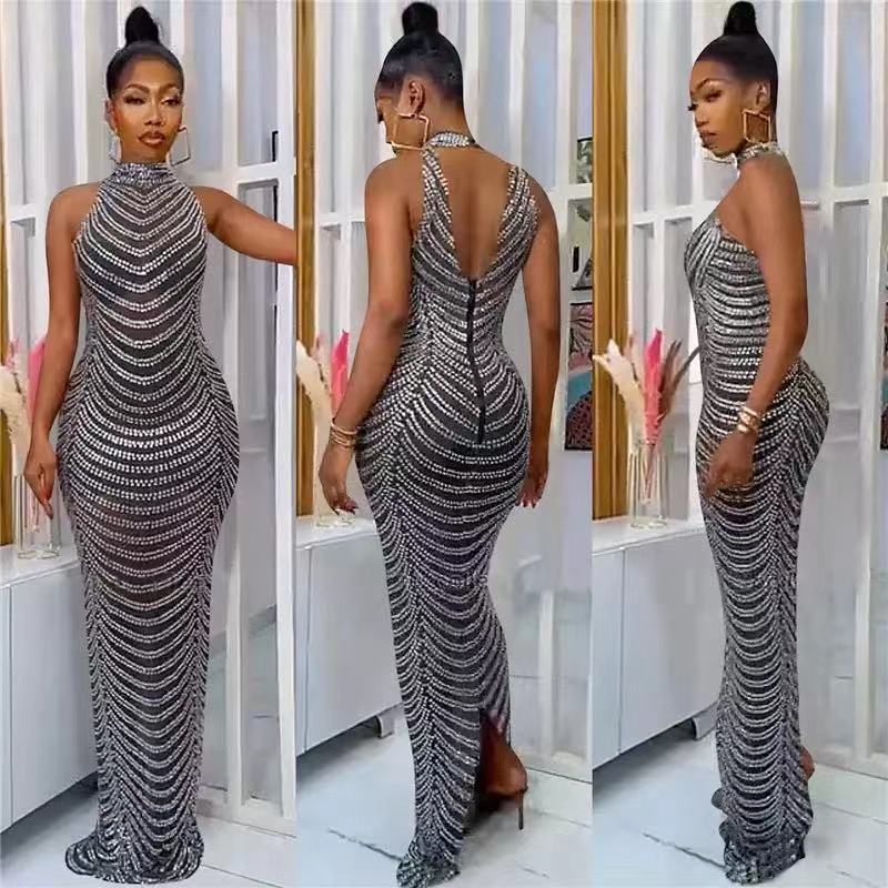 Damen Maxikleid Pailletten Figurbetont