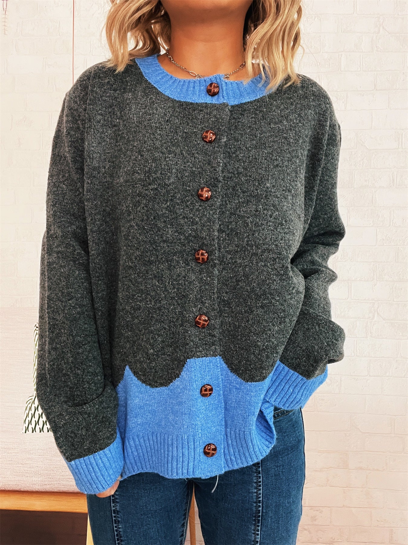 Damen Strickjacke Kuschelig Kontrastbündchen Knöpfe