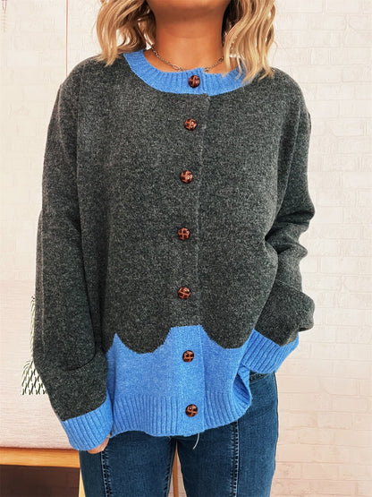 Damen Strickjacke Kuschelig Kontrastbündchen Knöpfe