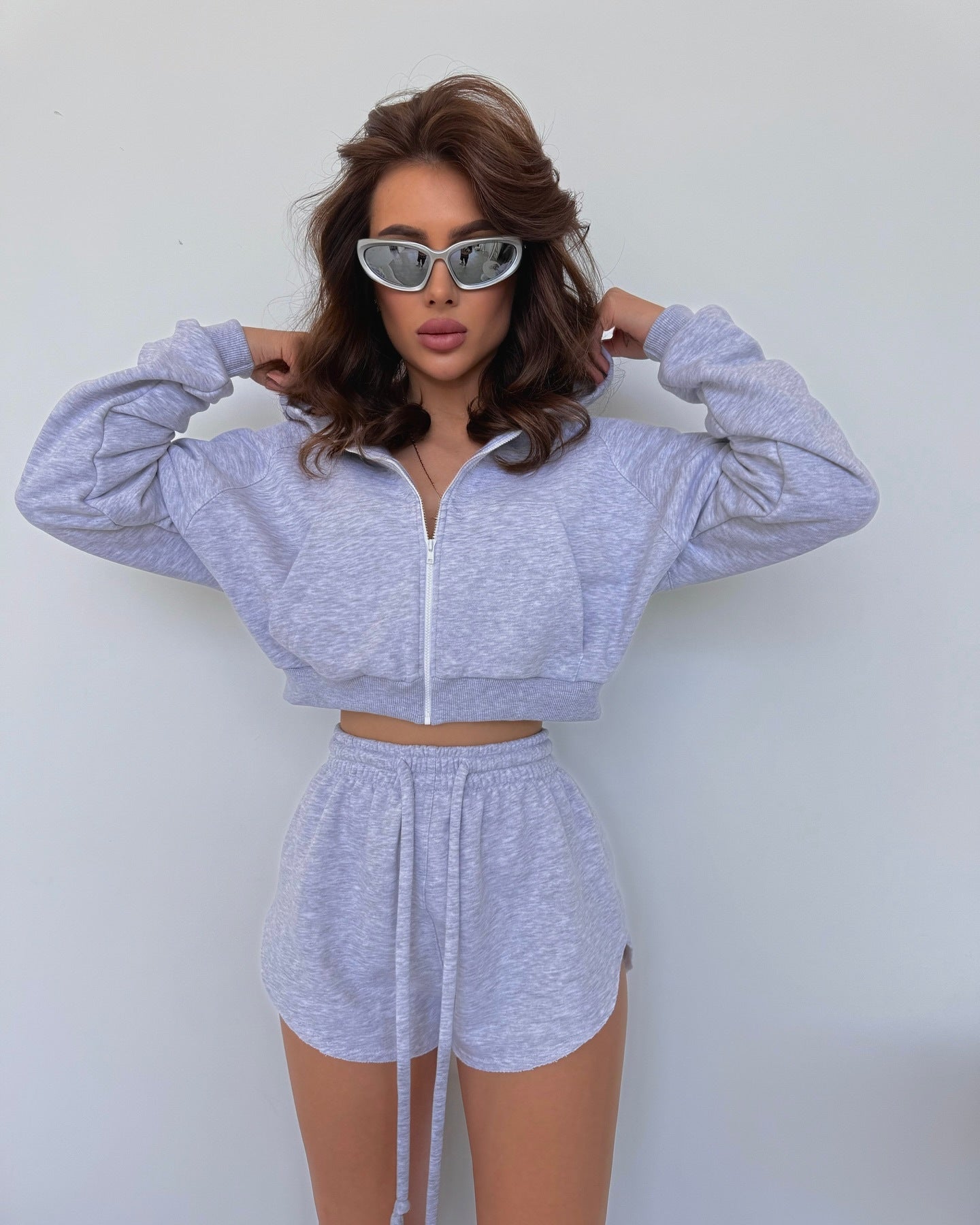 Damen Hoodie-Set Reißverschluss Elastischer Bund Grau Eveloria