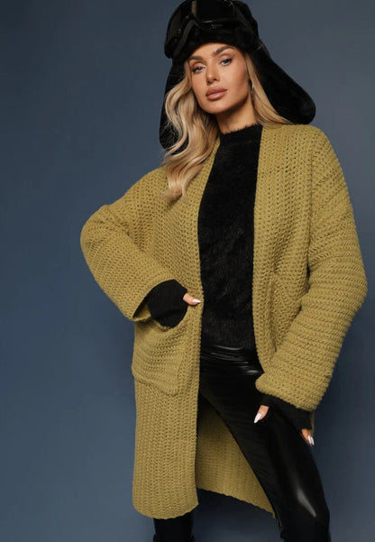 Damen Oversized Strickjacke V-Ausschnitt Taschen Beige