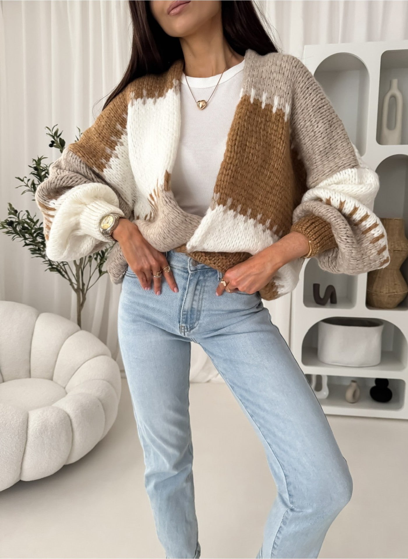 Damen Strickjacke Voluminöse Ärmel Geometrisches Muster