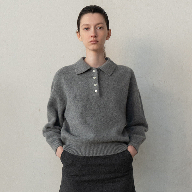 Damen Pullover Polokragen Knopfdetails Elegantes Design - Eveloria