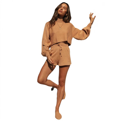 Damen Freizeit-Set Cropped Pullover und Shorts Grau