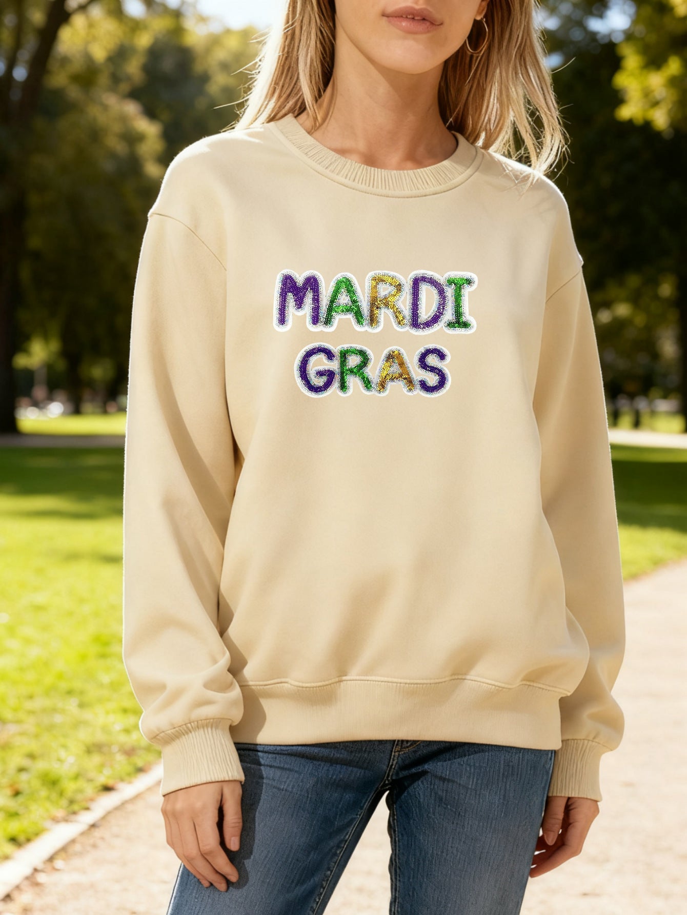 Damen Sweatshirt Mardi Gras Schriftzug Eveloria