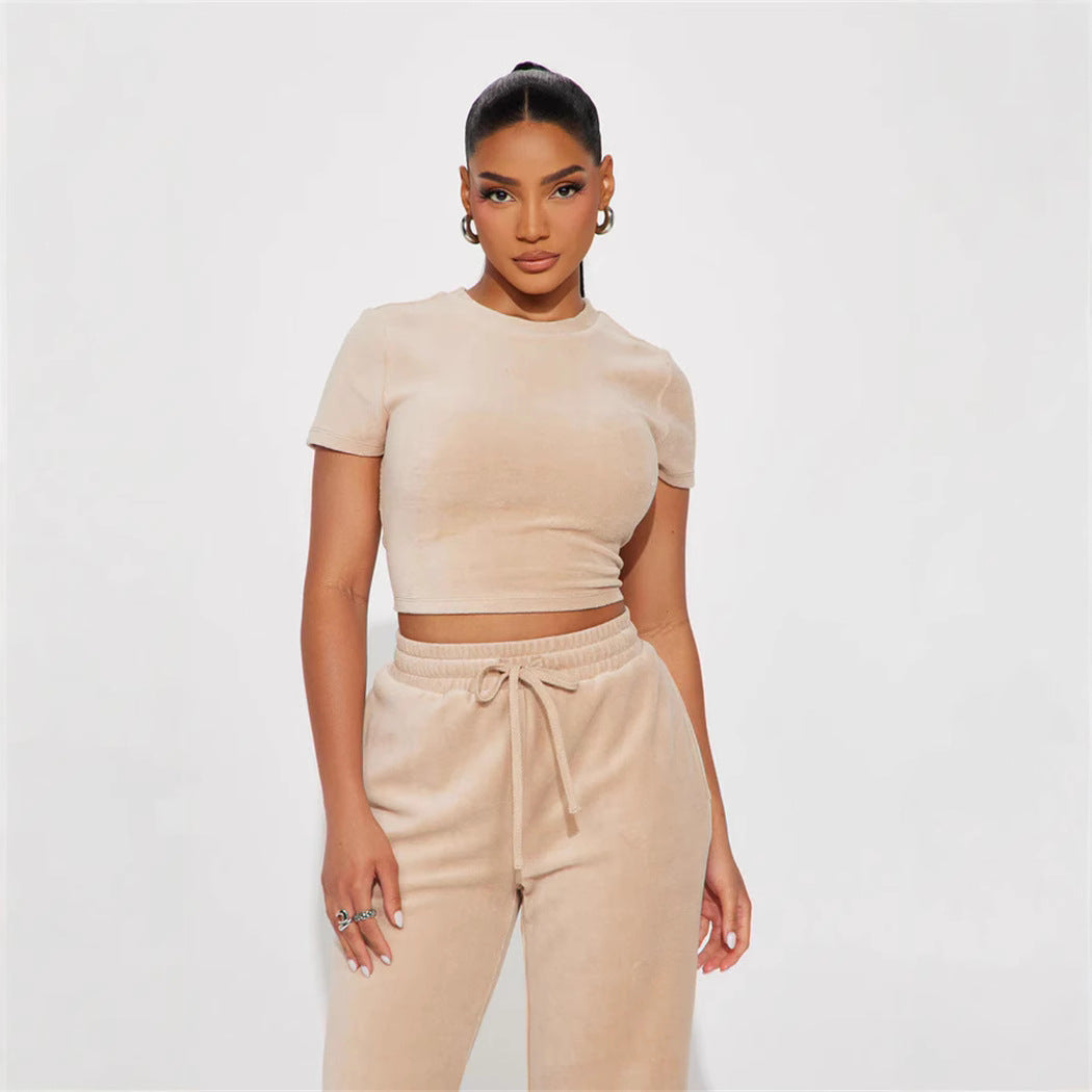 Damen Velours-Loungewear-Set Weiches Oberteil Hose Beige