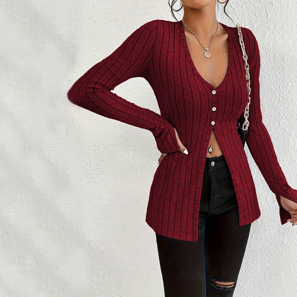 Damen Langarm Cardigan Feine Rippstruktur Elegant Eveloria