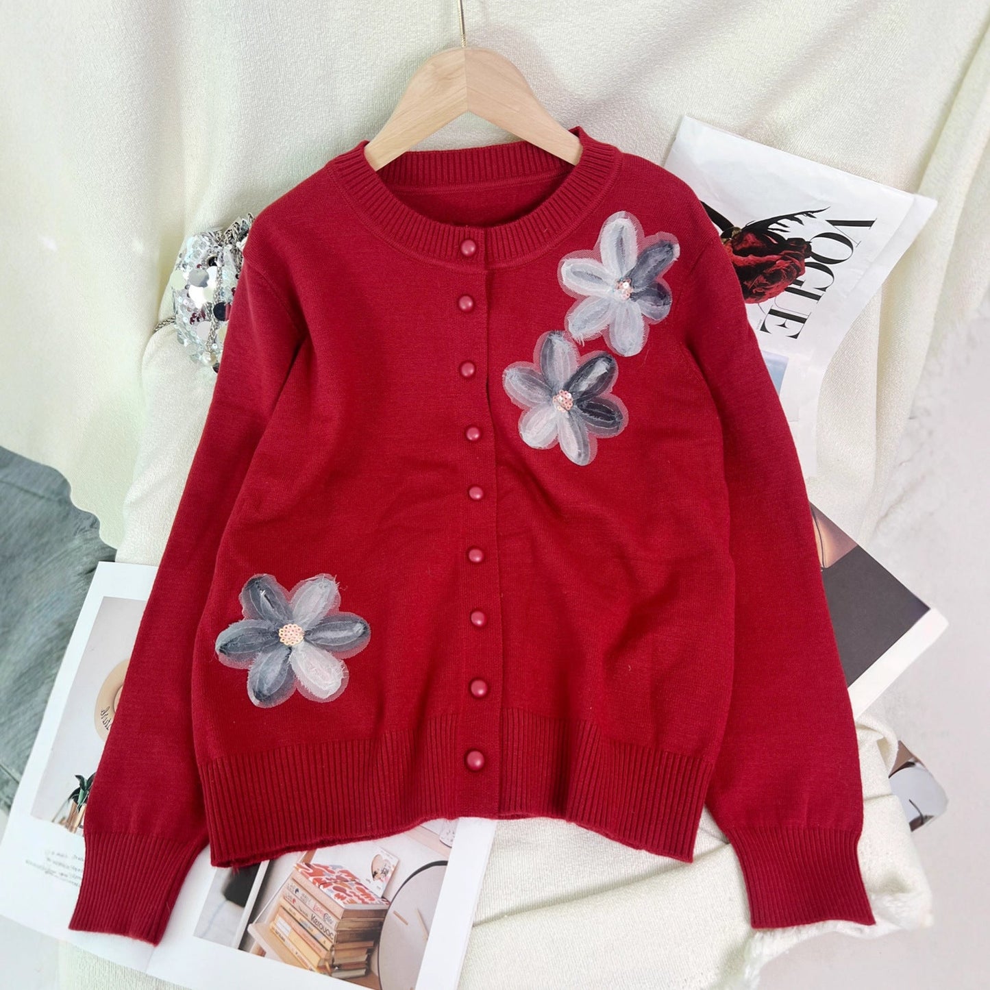 Damen Strickjacke Floralmuster Knopfverschluss Eveloria