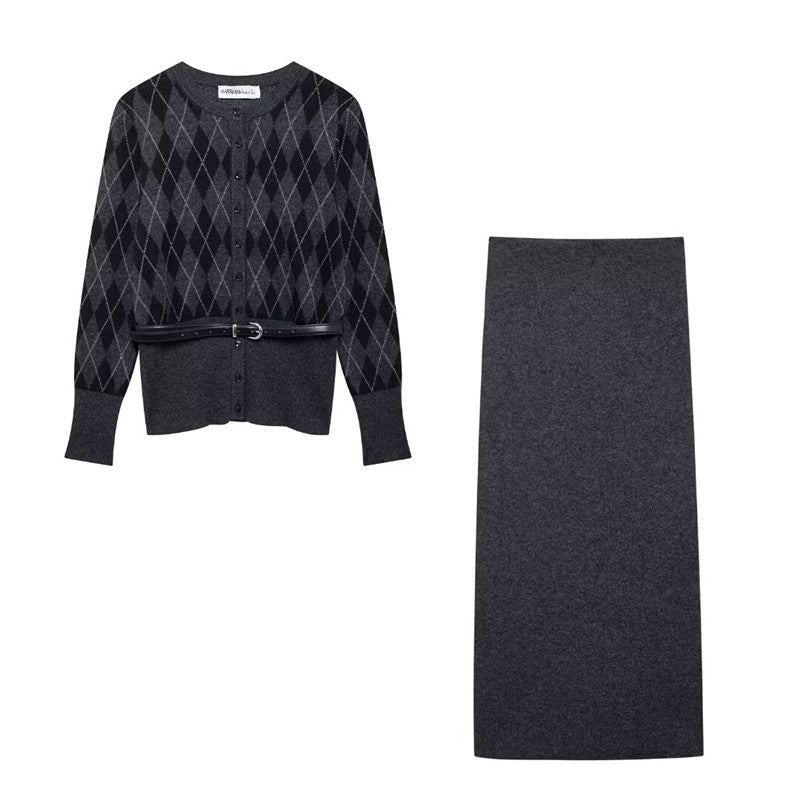 Damen Strickjacke Karomuster Abnehmbarer Gürtel Eveloria