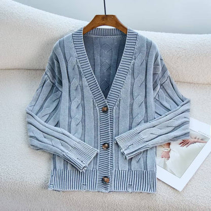 Damen Cardigan Grobstrick V-Ausschnitt Zopfmuster Beige