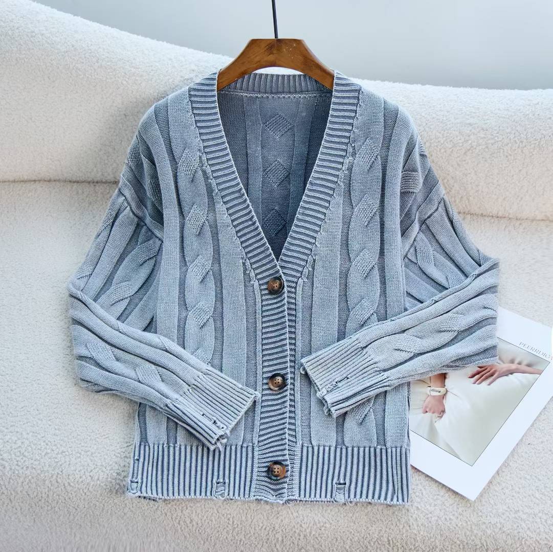 Damen Grobstrickjacke V-Ausschnitt Dekorative Knöpfe