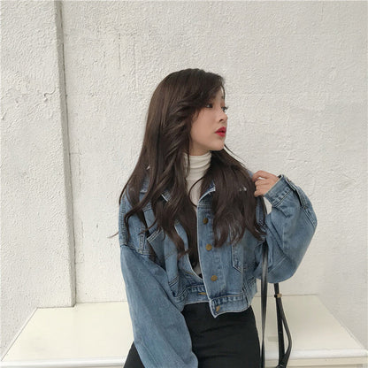Damen Cropped Denimjacke Oversized Schnitt Blau Eveloria