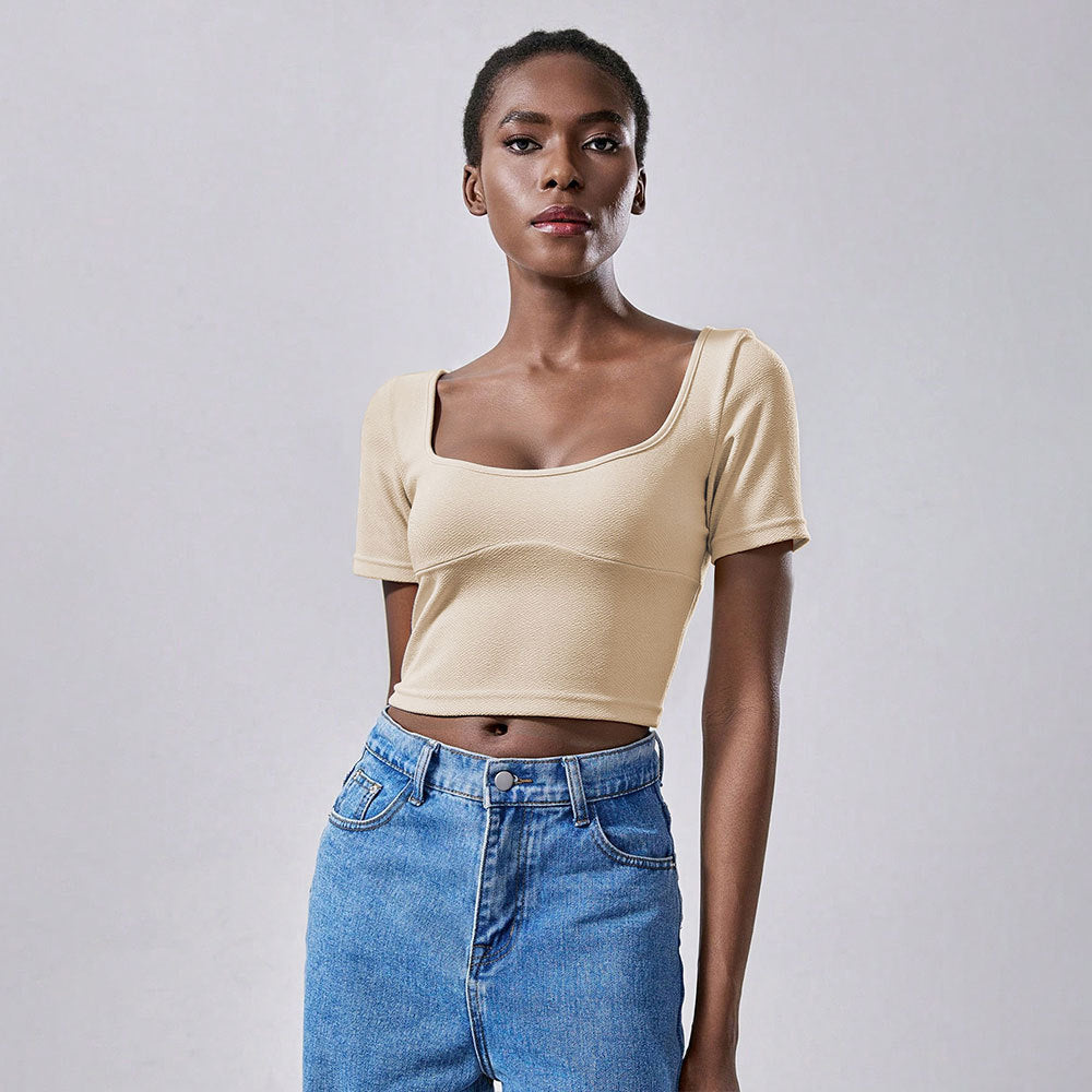 Damen T-Shirt Cropped Quadrat-Ausschnitt Kurzärmelig Eveloria
