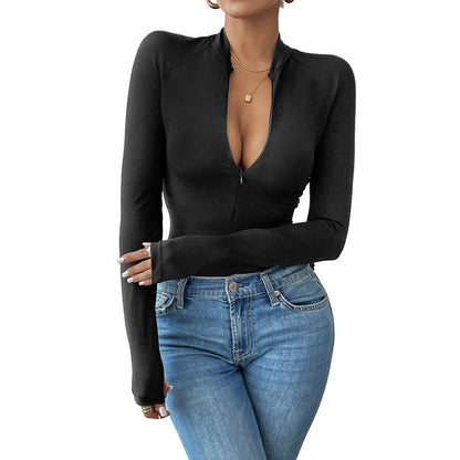 Damen Langarmshirt Reißverschluss V-Ausschnitt Eveloria