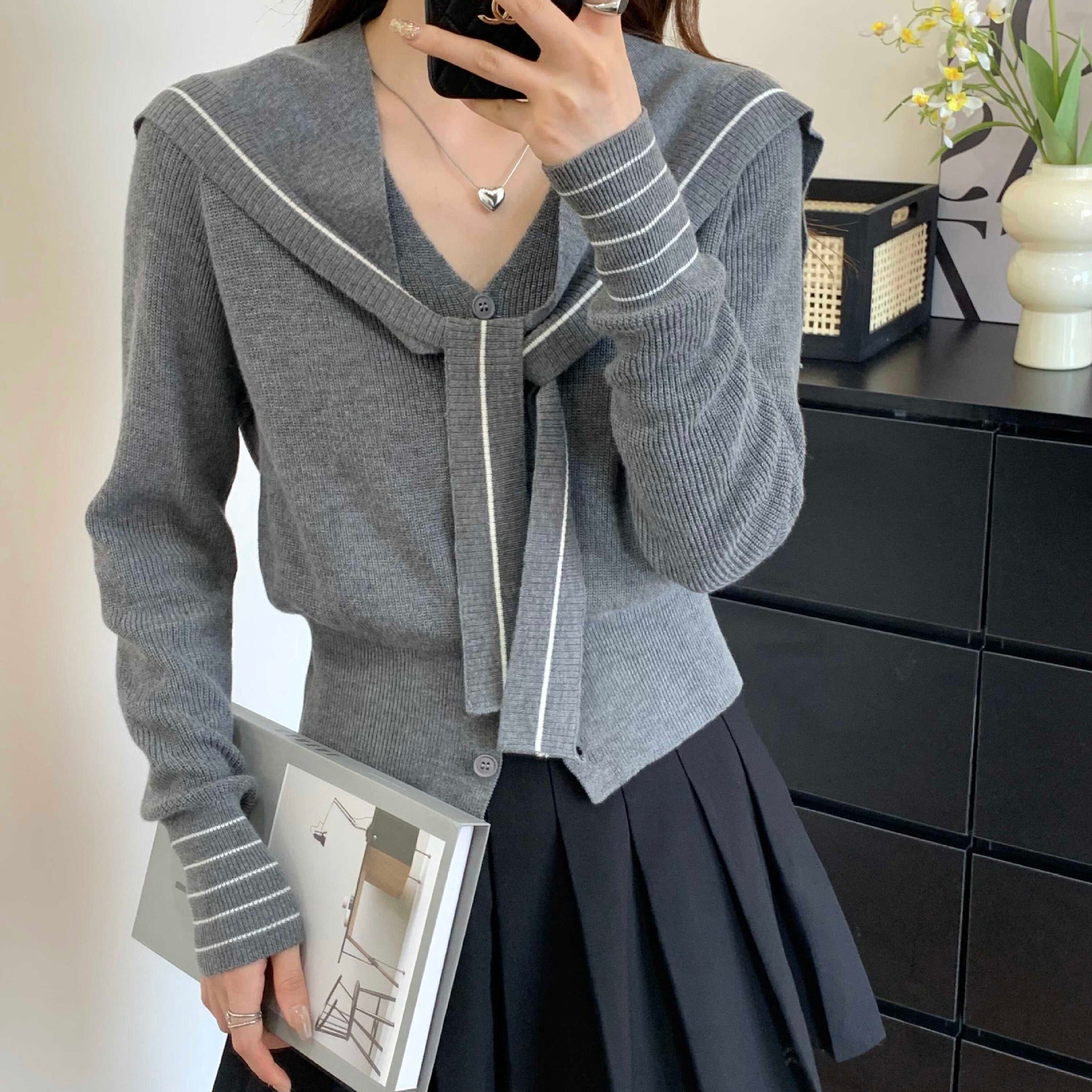 Damen Strickjacke Dekorativer Kragen Knöpfe Grau - Eveloria