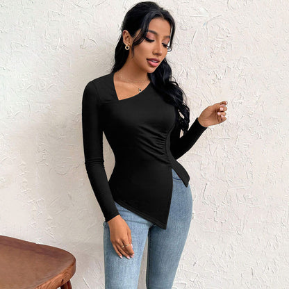 Damen Langarmshirt Asymmetrisch Raffung Eveloria