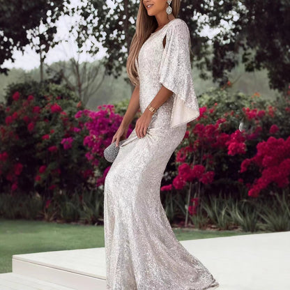 Damen Abendkleid Pailletten V-Ausschnitt Flügelärmel Eveloria