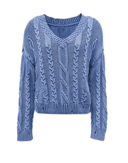 Damen Grobstrickpullover V-Ausschnitt Zopfmuster Eveloria