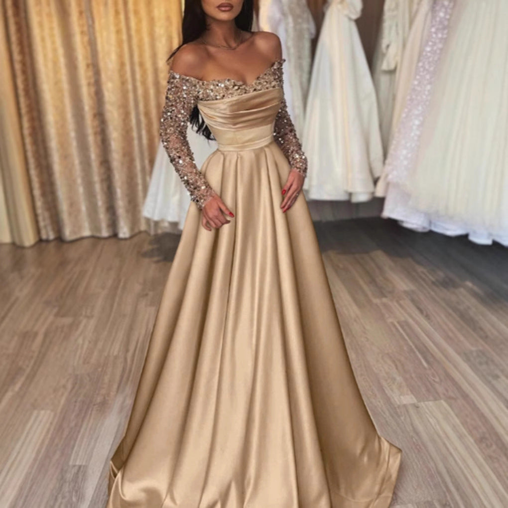 Damen Ballkleid Schimmerndes Oberteil Bestickte Ärmel Eveloria