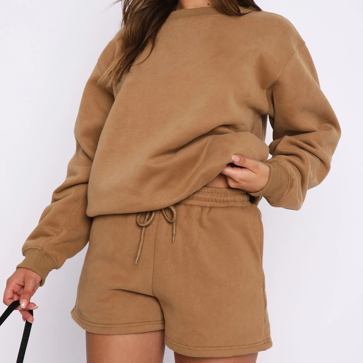 Damen Sweatset Kurzarmoberteil und Shorts aus Baumwolle Beige
