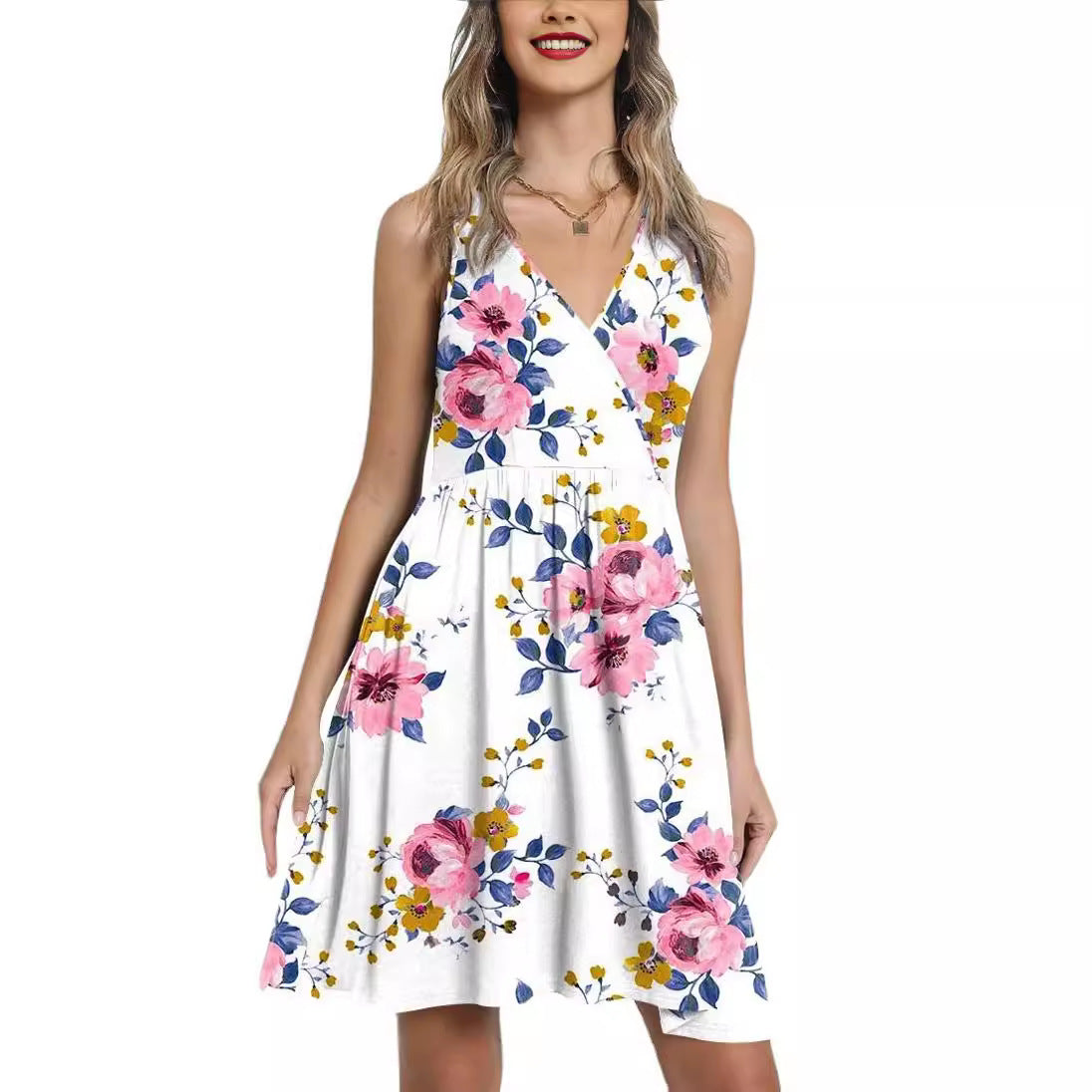 Damen Blumenkleid A-Linie V-Ausschnitt Eveloria