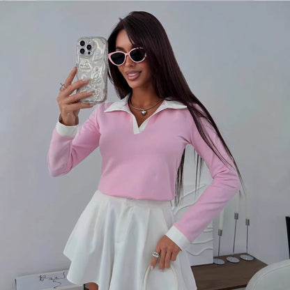Damen Polo Langarmshirt Kontrastkragen Eveloria
