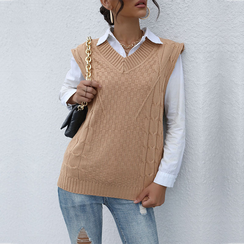 Damen Strickpullover ohne Ärmel V-Ausschnitt Strukturiert Eveloria - Eveloria