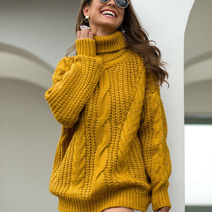 Damen Grobstrickpullover Rollkragen Zopfmuster