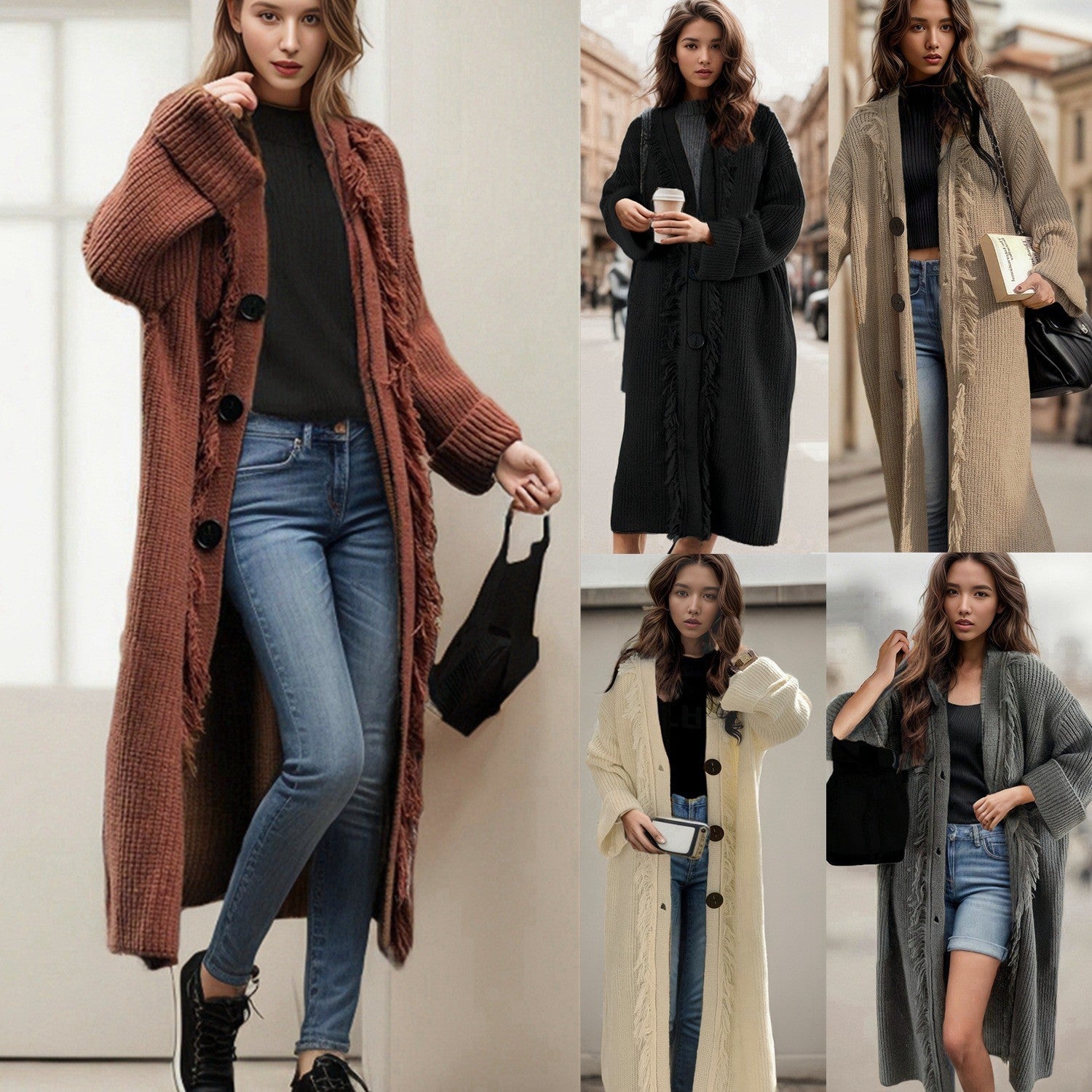 Damen Grobstrick Cardigan mit Fransen und Knöpfen Beige - Eveloria