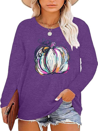 Damen Langarmshirt Kürbis-Motiv Eveloria Herbstlich Braun