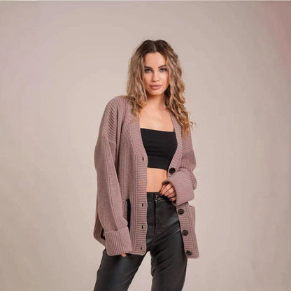Damen Strickjacke Knöpfe Taschen Beige