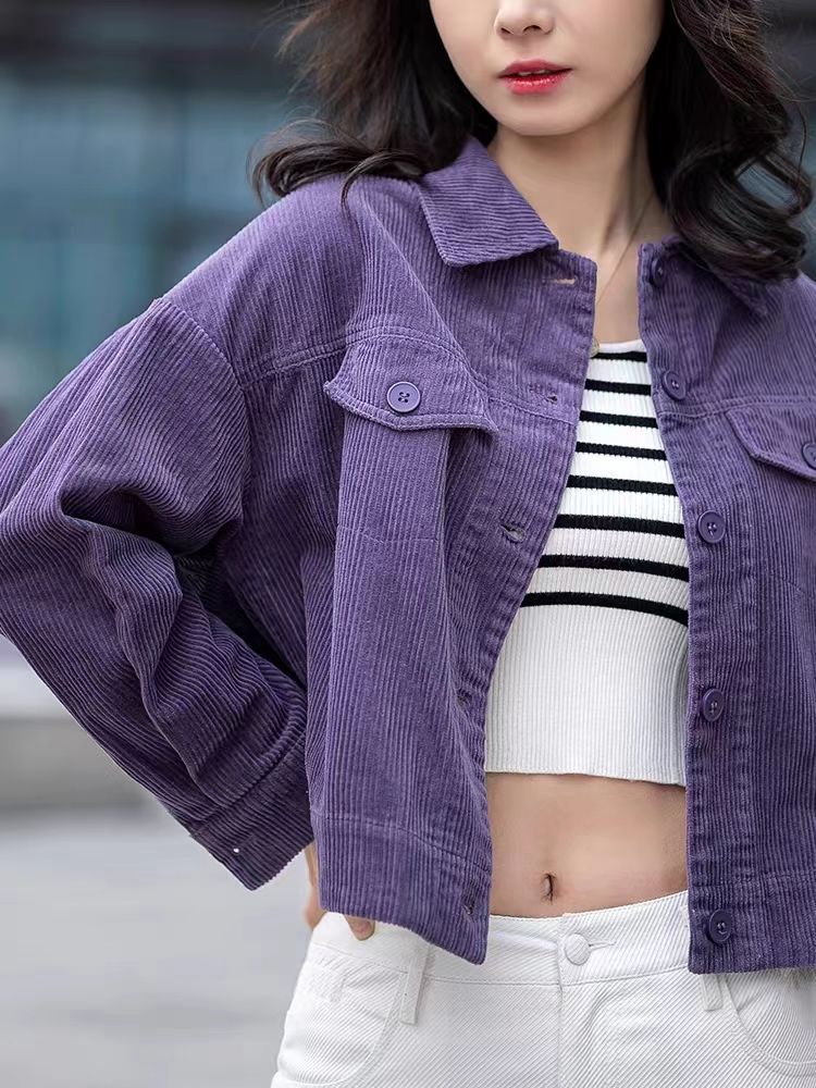 Damen Kordjacke Lässiger Schnitt Überschnittene Schultern