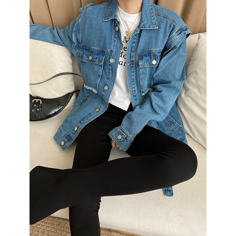 Damen Denimjacke Übergangsjacke mit Knöpfen und Taschen Blau
