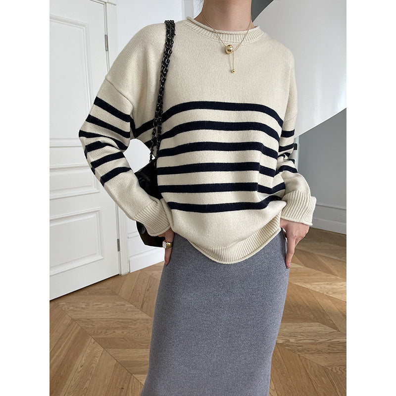 Damen Pullover Gestreift Rundhals Feinestricks weiß